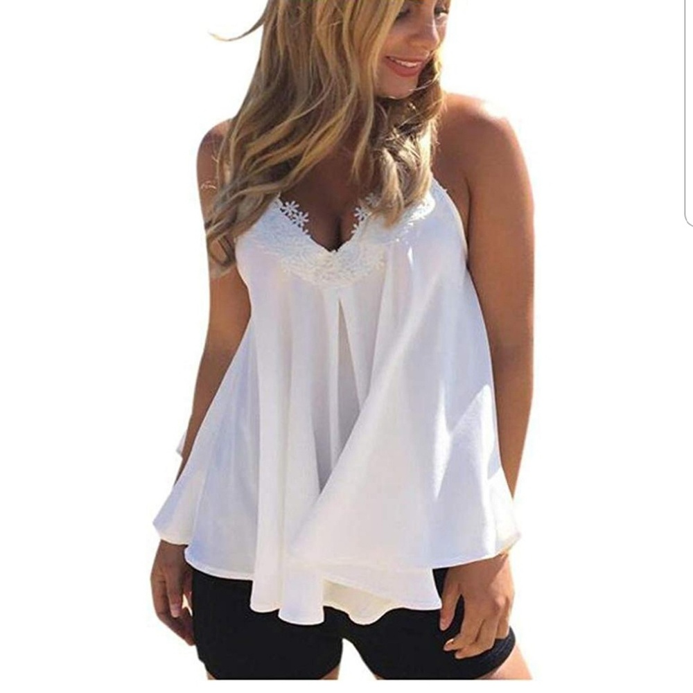 Womens Loose Lace Crochet Sleeveless Chiffon Blous